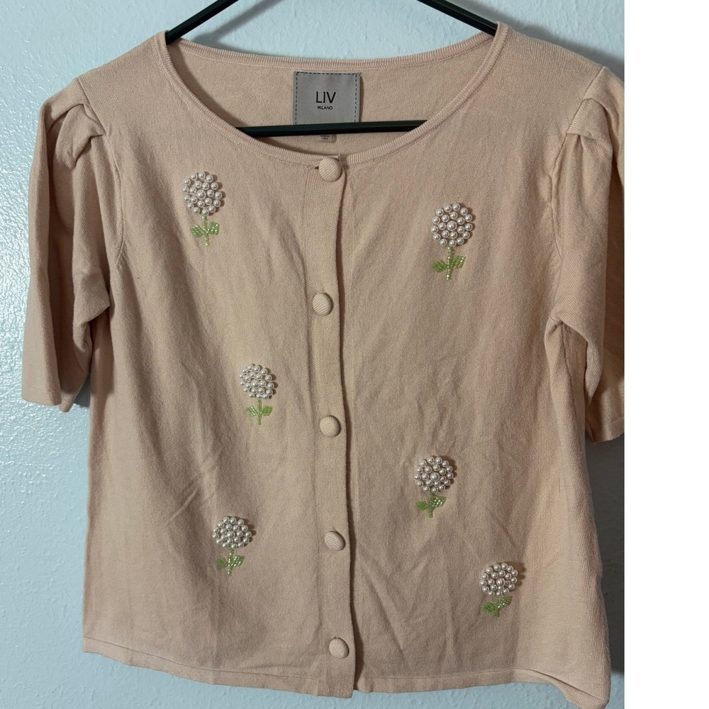 LIV Milano Women Beige Pearl Floral Beaded Cardigan Sweater Size M Coquette Soft